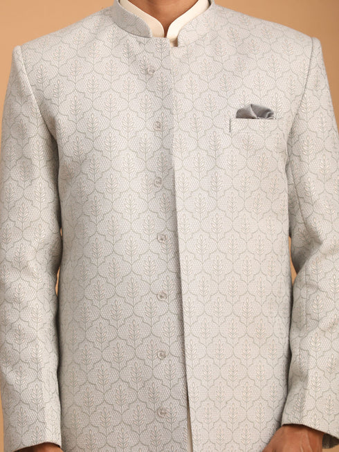 Vastramay Men's Grey Jaccard Sherwani With Cream Kurta Pant Set